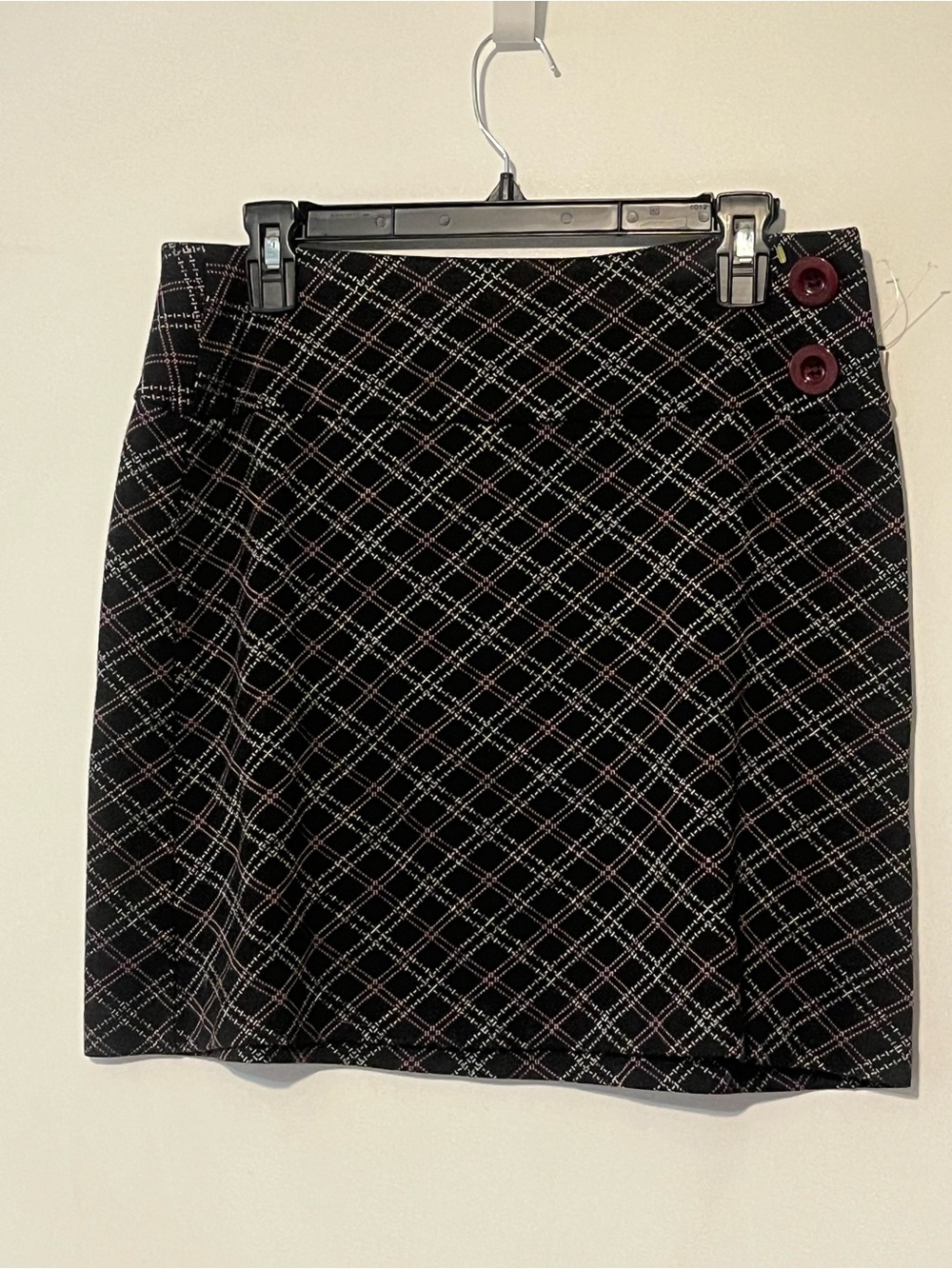 LOFT Black Plaid Mini Skirt with Maroon Accent Buttons